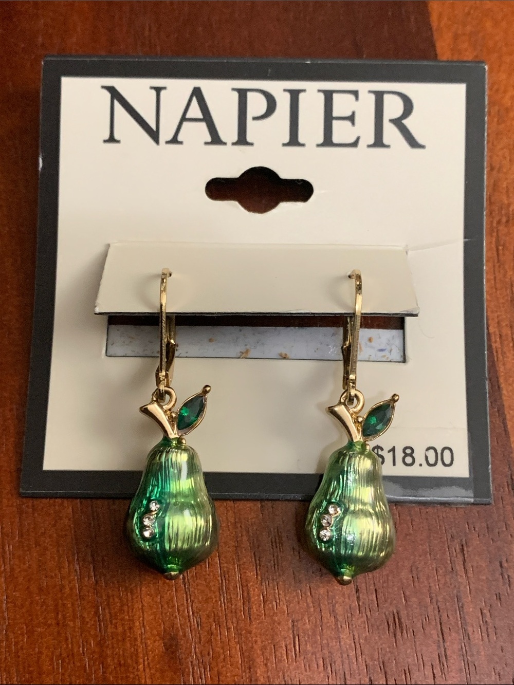 NWT Napier gold tone green pear earrings